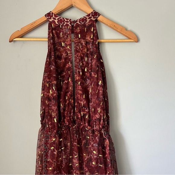Free People Ria Wine Red & Gold Sleeveless Sheer Embroidered Maxi Top Size XS - Picture 14 of 16